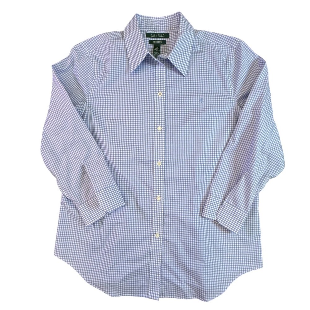 Lauren Ralph Lauren Womens Blue & White Gingham Button-Down Long Sleeve Shirt M